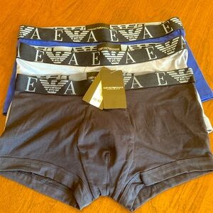 Emporio Armani mens trunk. Set of 3 mixed blues.